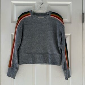 Madewell (S) gray cropped crewneck sweatshirt with rainbow detail down sleeves.